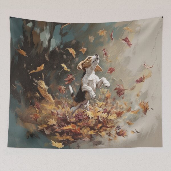 Item preview,  A joyful Beagle leaping into a pile of autumn leaves, Dogs in Motion designed and sold by CDC40.
