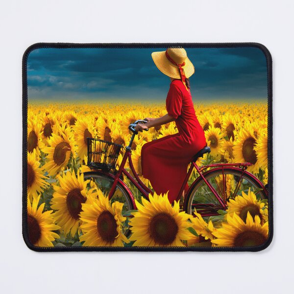 Item preview, Woman in Red Dress Cycling Through Sunflowers Field designed and sold by Artessie.
