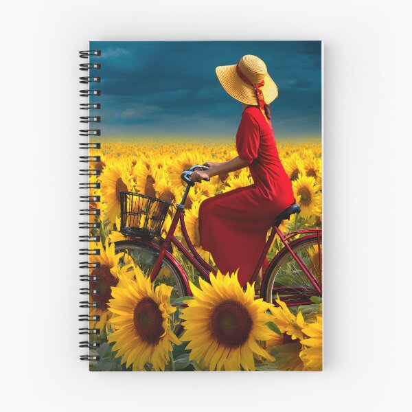 Item preview, Woman in Red Dress Cycling Through Sunflowers Field designed and sold by Artessie.