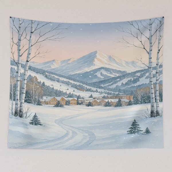 Item preview, Aspen Winter Village – Snowy Mountain Ski Resort Watercolor Scene designed and sold by Mirkoniart.