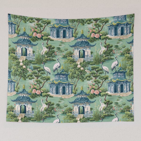 Item preview, Cranes in pagoda chinoiserie garden designed and sold by SophieClimaArt.