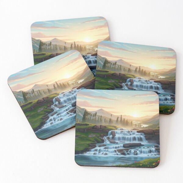 Item preview, Relaxing Sunset Mountain Waterfall Landscape Illustration designed and sold by GetGoodFit.