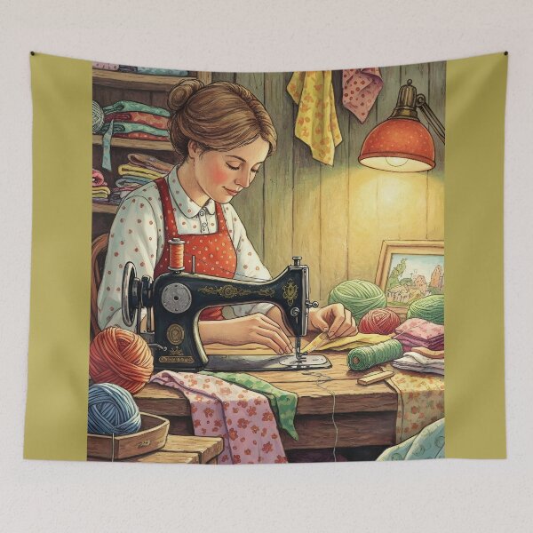 Item preview, Women Sewing on Vintage Sewing Machine in a Cozy Craftting Room designed and sold by Wiss2Arts.