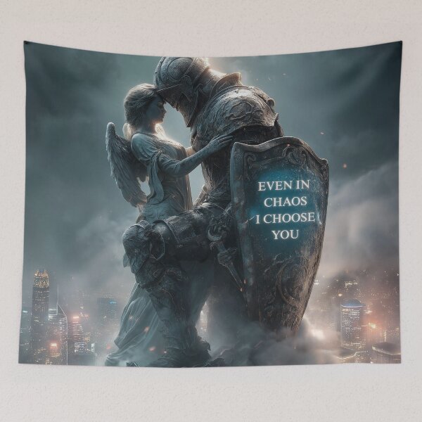 Item preview, Even in Chaos, I Choose You | Knight & Angel Statue Surreal Love Print designed and sold by VisionaryVeils.