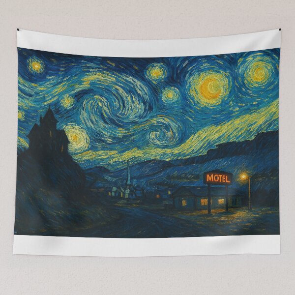 Item preview, Starry Night Over Famous Spooky Motel – Van Gogh Style Classic Horror Parody designed and sold by DiamondSkyShirt.