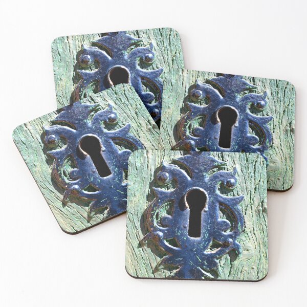 Item preview, Vintage Elegance: Ornate Keyhole on Peeling Teal Wood designed and sold by Clavivs.