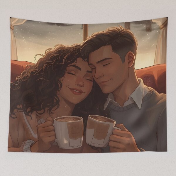 Item preview, Cozy Couple Drinking Hot Chocolate Scene designed and sold by Valeree Store.