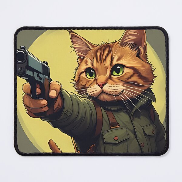 Item preview, A cartoonish cat, dressed in a green military jacket, points a handgun designed and sold by Innercosmic.