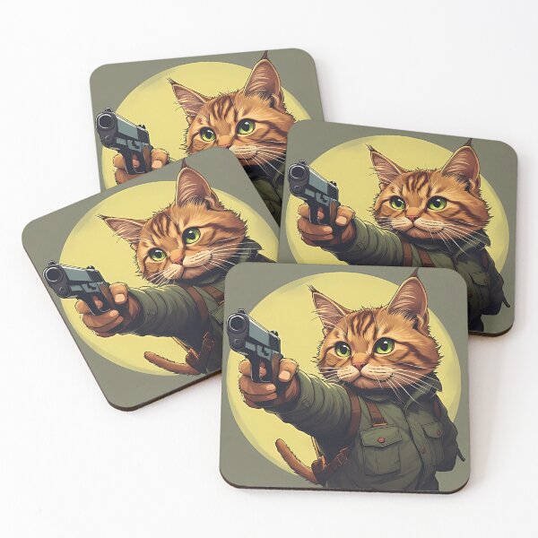 Item preview, A cartoonish cat, dressed in a green military jacket, points a handgun designed and sold by Innercosmic.