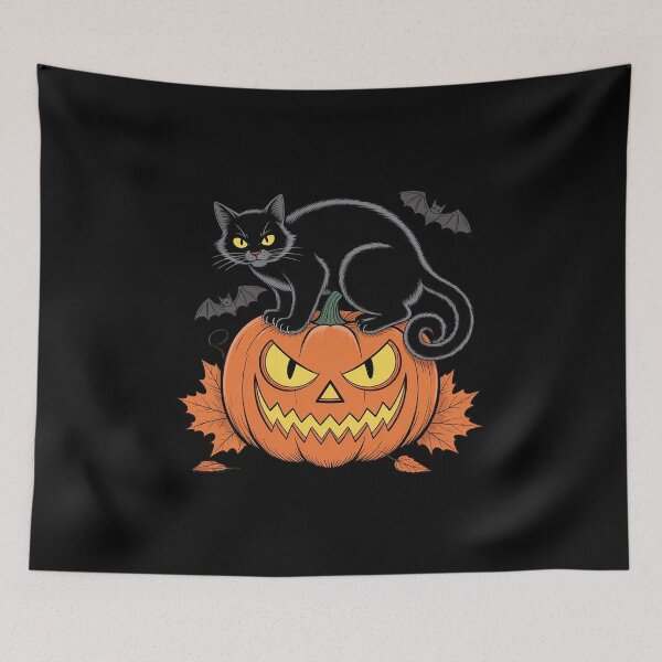 Item preview, Halloween Cat Jack O Lantern Bats Witchy designed and sold by ShelFisher.