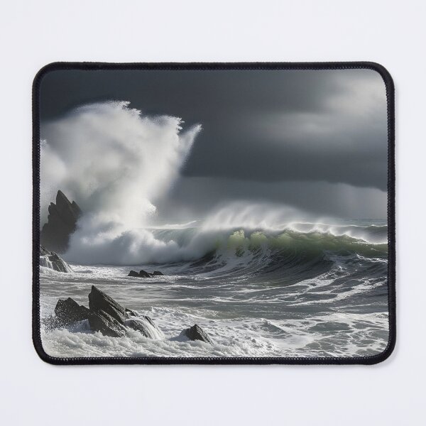 Item preview, Violent waves crash against sharp rocks under a stormy sky, with a flash of lightning illuminating the turbulent sea designed and sold by homydesign.