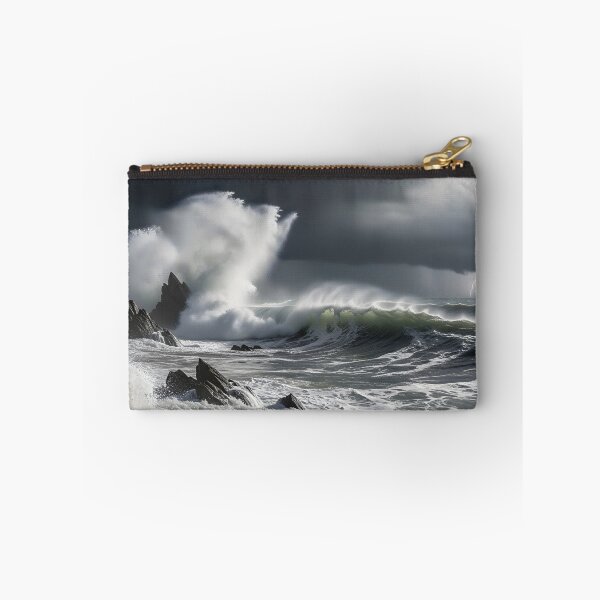 Item preview, Violent waves crash against sharp rocks under a stormy sky, with a flash of lightning illuminating the turbulent sea designed and sold by homydesign.