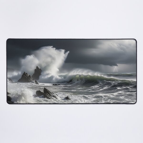 Item preview, Violent waves crash against sharp rocks under a stormy sky, with a flash of lightning illuminating the turbulent sea designed and sold by homydesign.