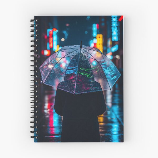 Item preview, A lone figure stands holding a transparent umbrella, reflecting neon lights on a wet, rainy city street at night designed and sold by homydesign.