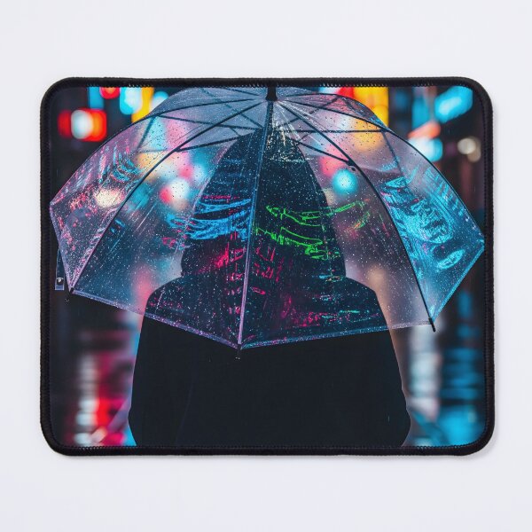 Item preview, A lone figure stands holding a transparent umbrella, reflecting neon lights on a wet, rainy city street at night designed and sold by homydesign.