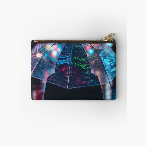 Item preview, A lone figure stands holding a transparent umbrella, reflecting neon lights on a wet, rainy city street at night designed and sold by homydesign.