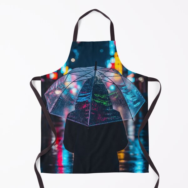 Item preview, A lone figure stands holding a transparent umbrella, reflecting neon lights on a wet, rainy city street at night designed and sold by homydesign.