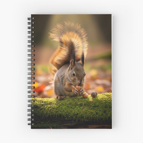 Item preview, A cute squirrel with a bushy tail, appearing calm, holds an acorn while perched on a moss-covered log in a forest designed and sold by homydesign.
