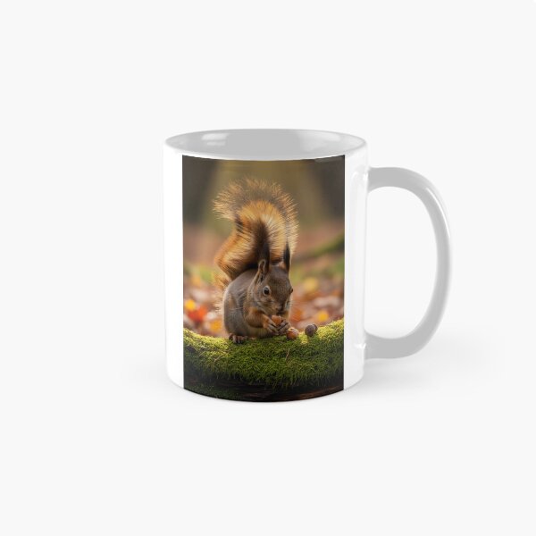Item preview, A cute squirrel with a bushy tail, appearing calm, holds an acorn while perched on a moss-covered log in a forest designed and sold by homydesign.