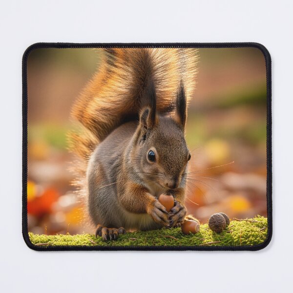 Item preview, A cute squirrel with a bushy tail, appearing calm, holds an acorn while perched on a moss-covered log in a forest designed and sold by homydesign.