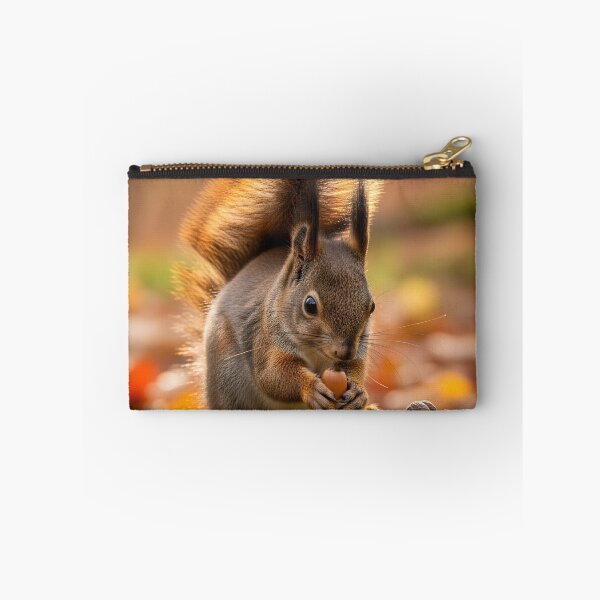 Item preview, A cute squirrel with a bushy tail, appearing calm, holds an acorn while perched on a moss-covered log in a forest designed and sold by homydesign.