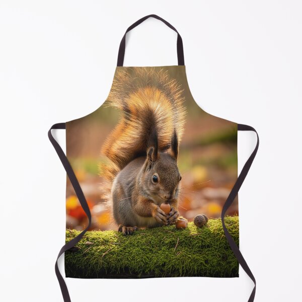 Item preview, A cute squirrel with a bushy tail, appearing calm, holds an acorn while perched on a moss-covered log in a forest designed and sold by homydesign.