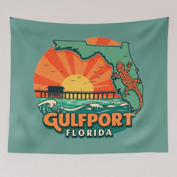 Item preview, Retro Gulfport Florida Sunset Pier Sticker | Vintage Travel Art | Florida State Outline & Gecko designed and sold by Mandeville Photography.