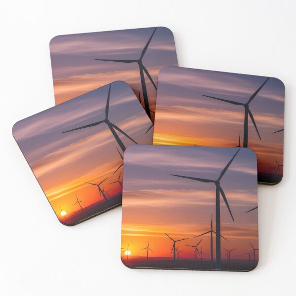 Item preview, A silhouette of numerous wind turbines stands against a vibrant orange and purple sunset, symbolizing renewable energy designed and sold by homydesign.
