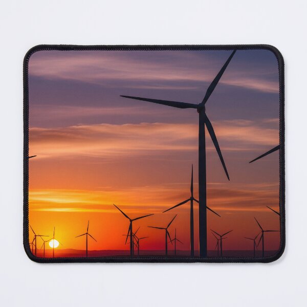 Item preview, A silhouette of numerous wind turbines stands against a vibrant orange and purple sunset, symbolizing renewable energy designed and sold by homydesign.