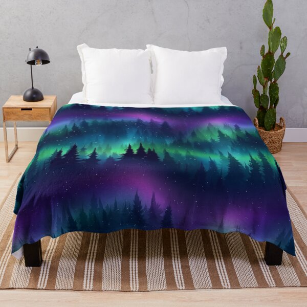 Item preview, Purple Aurora Borealis Forest Scene Northern Lights Over Pine Trees Winter Night Sky designed and sold by meganohm.