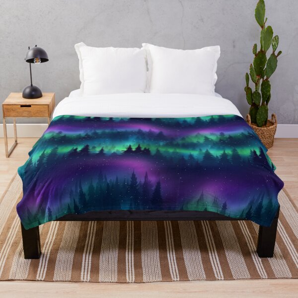 Item preview, Purple Aurora Borealis Forest Scene Northern Lights Over Pine Trees Winter Night Sky designed and sold by meganohm.