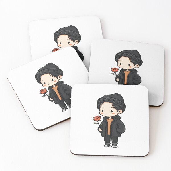 Item preview, Cute chibi boy in winter outfit holding red rose Valentine love sweet minimalist illustration designed and sold by Mimoshi ⭐⭐⭐⭐⭐.