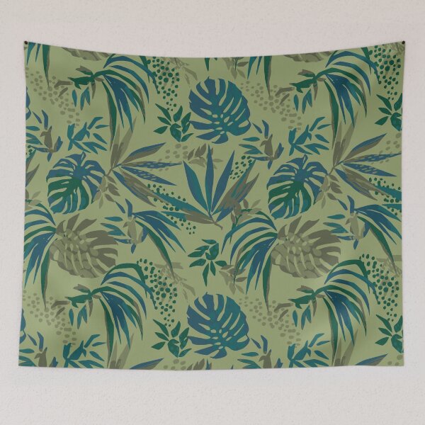 Item preview, Tropical Stylized Blue & Green Monstera & Palm Leaves designed and sold by RetroMaggie.