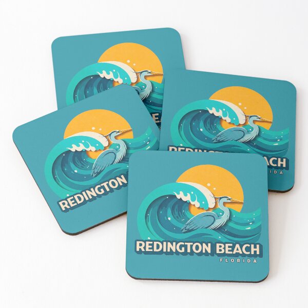 Artikelvorschau, Redington Beach Florida Retro Artwork Blaureiher, Sonnenuntergang und Wellen entworfen und verkauft von Mandeville Photography.