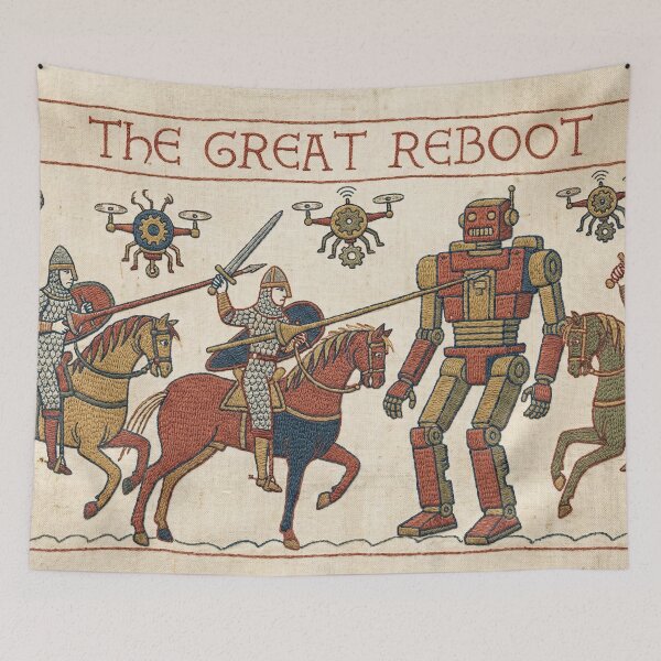 Item preview, The Great Reboot - Medieval Tapestry Robots Meme designed and sold by SavinMercantile.