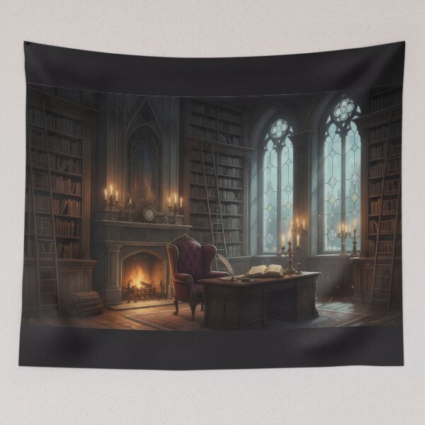 Item preview, Gothic Library Vintage Study Room with Fireplace and Books designed and sold by SplashTastic.