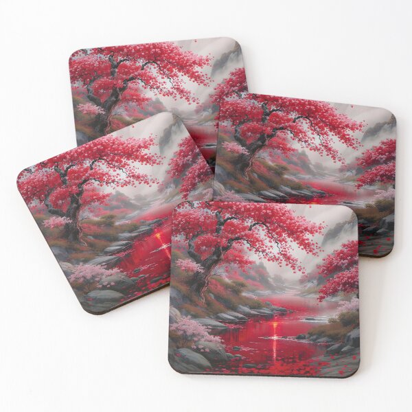 Item preview, Crimson Valley of Eternal Blossoms – Luxury Cherry Blossom Landscape Wall Art | Red Sun, Misty Mountains, Fine-Art Oil Painting designed and sold by ColorSplash123.