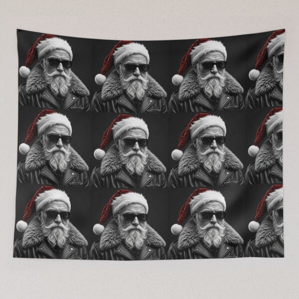 Item preview, Monochrome Stylish Santa Portrait – Cool Elderly Man in Leather Jacket & Fur Collar designed and sold by PixelVibe782.