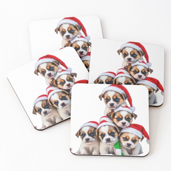 Aperçu de l'œuvre Pyramide de chiots de Noël dans la neige – Six adorables chiots Père Noël empilés créée et vendue par BSL-STORE.