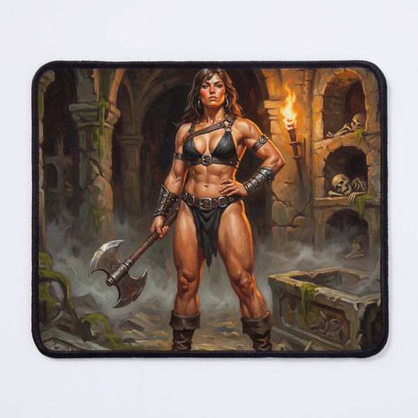 Item preview, Muscled Barbarian Woman posing with her axe illustration fantasy art style designed and sold by Vintage Designs +.