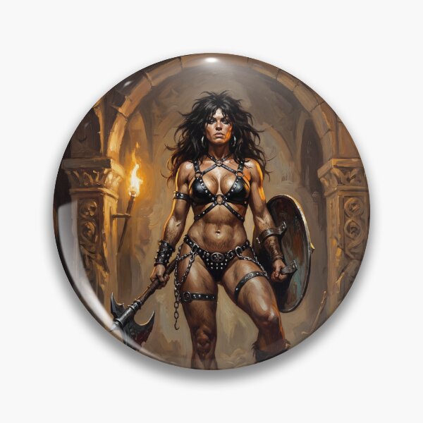 Artikelvorschau, Muskulöse Barbarin posiert mit Axt und Schild – Illustration im Fantasy-Stil entworfen und verkauft von Vintage Designs +.