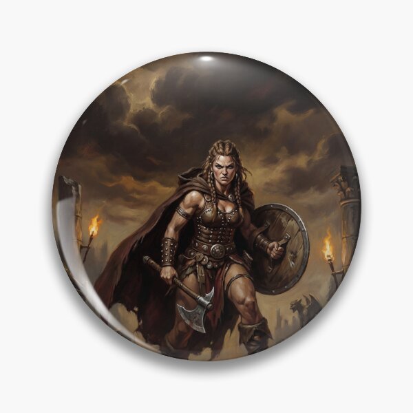 Artikelvorschau, Muskulöse Barbarin posiert mit Axt und Schild – Illustration im Fantasy-Stil entworfen und verkauft von Vintage Designs +.