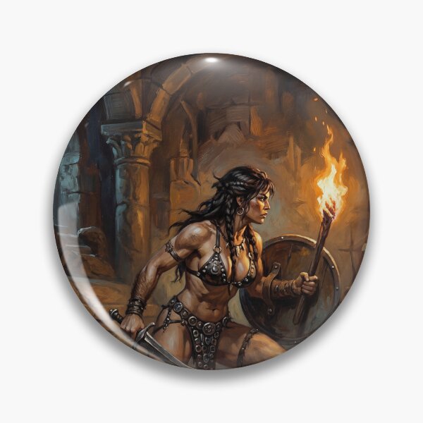 Artikelvorschau, Muskulöse Barbarin posiert mit Schwert und Schild – Illustration im Fantasy-Stil entworfen und verkauft von Vintage Designs +.