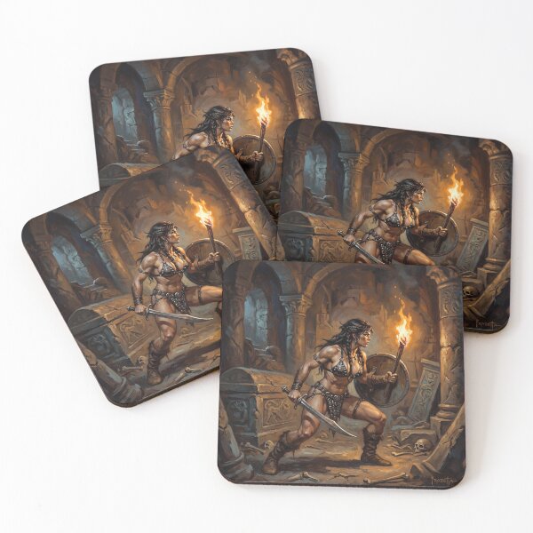 Item preview, Muscled Barbarian Woman posing with her sword and shield illustration fantasy art style designed and sold by Vintage Designs +.