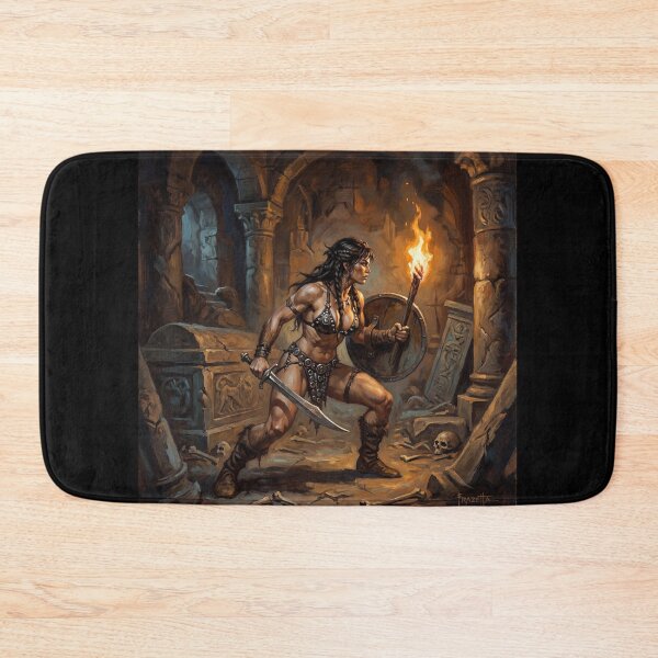 Item preview, Muscled Barbarian Woman posing with her sword and shield illustration fantasy art style designed and sold by Vintage Designs +.
