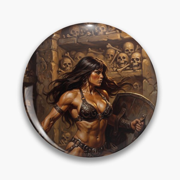 Artikelvorschau, Muskulöse Barbarin posiert mit Schwert und Schild – Illustration im Fantasy-Stil entworfen und verkauft von Vintage Designs +.