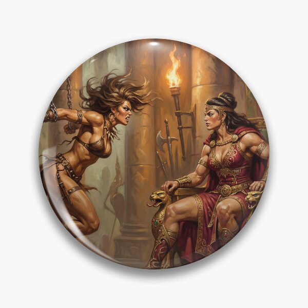 Artikelvorschau, Amazonenkönigin verhört eine barbarische Kriegerin in Defiance-Illustration im Fantasy-Kunststil entworfen und verkauft von Vintage Designs +.