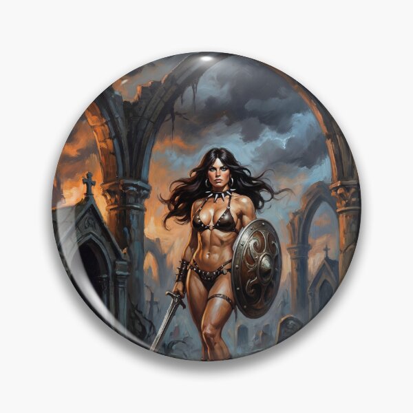 Artikelvorschau, Muskulöse Barbarin posiert mit Schwert und Schild – Illustration im Fantasy-Stil entworfen und verkauft von Vintage Designs +.