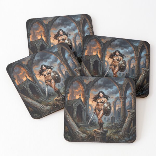 Item preview, Muscled Barbarian Woman posing with her sword and shield illustration fantasy art style designed and sold by Vintage Designs +.