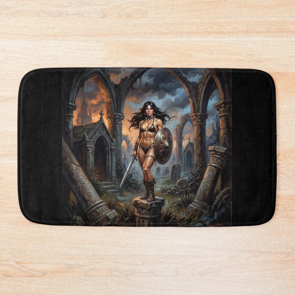 Item preview, Muscled Barbarian Woman posing with her sword and shield illustration fantasy art style designed and sold by Vintage Designs +.